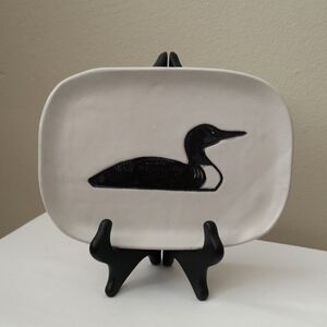 Beautiful Studio Art Pottery Display / Trinket Dish With Loon Signed Stand Incl